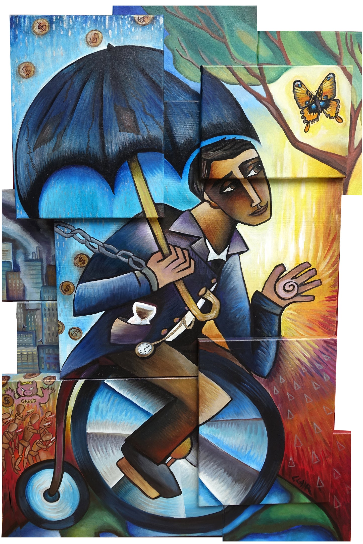 "The Pursuit of Happiness" original oil on multiple canvas mosaic. (hangs as one large painting) 34x48